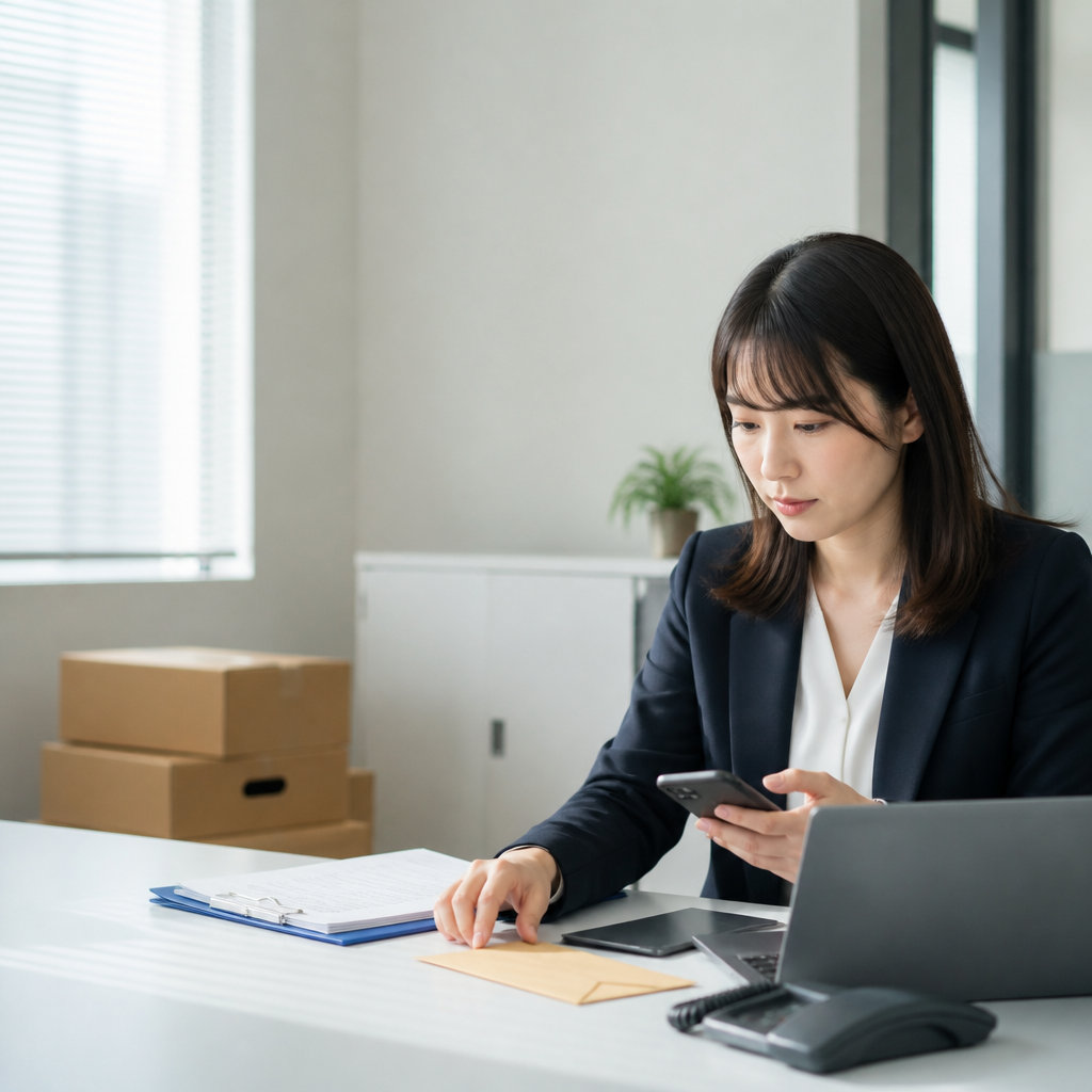 本店移転に伴う取引先と法人携帯の連絡先更新を行う総務担当者