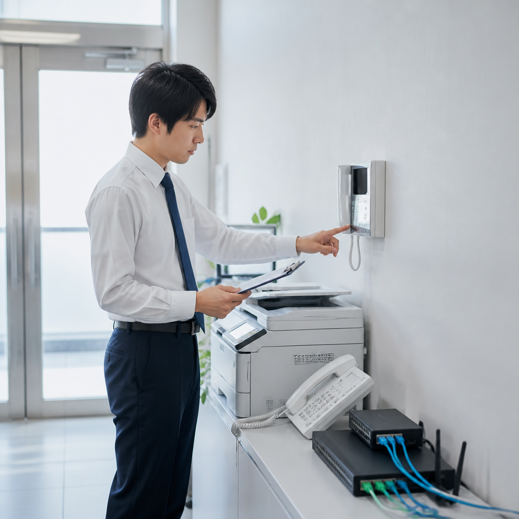 電話設備とFAXやドアホンなどの周辺機器を確認する担当者