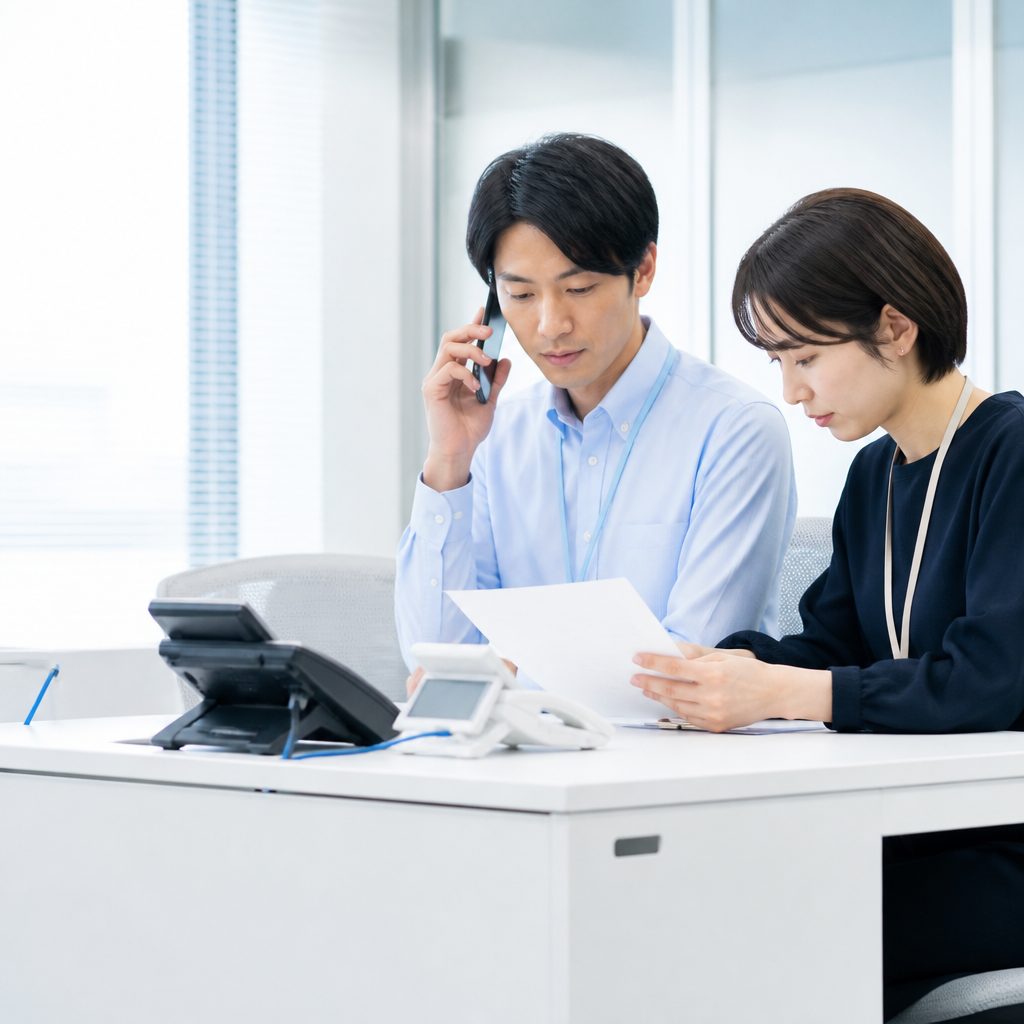 代表電話の切替前に着信テストと確認作業を行う担当者