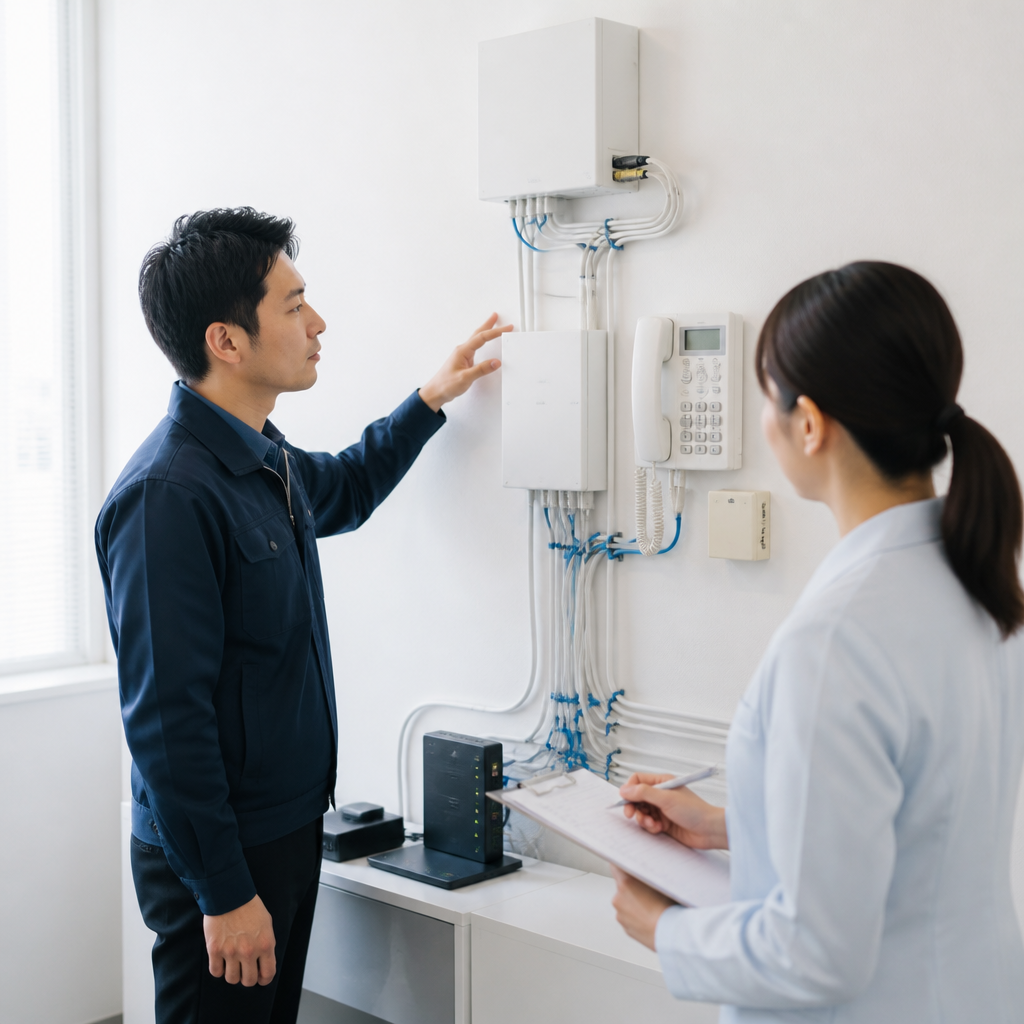 電話設備と配線を確認して移行準備を進める担当者