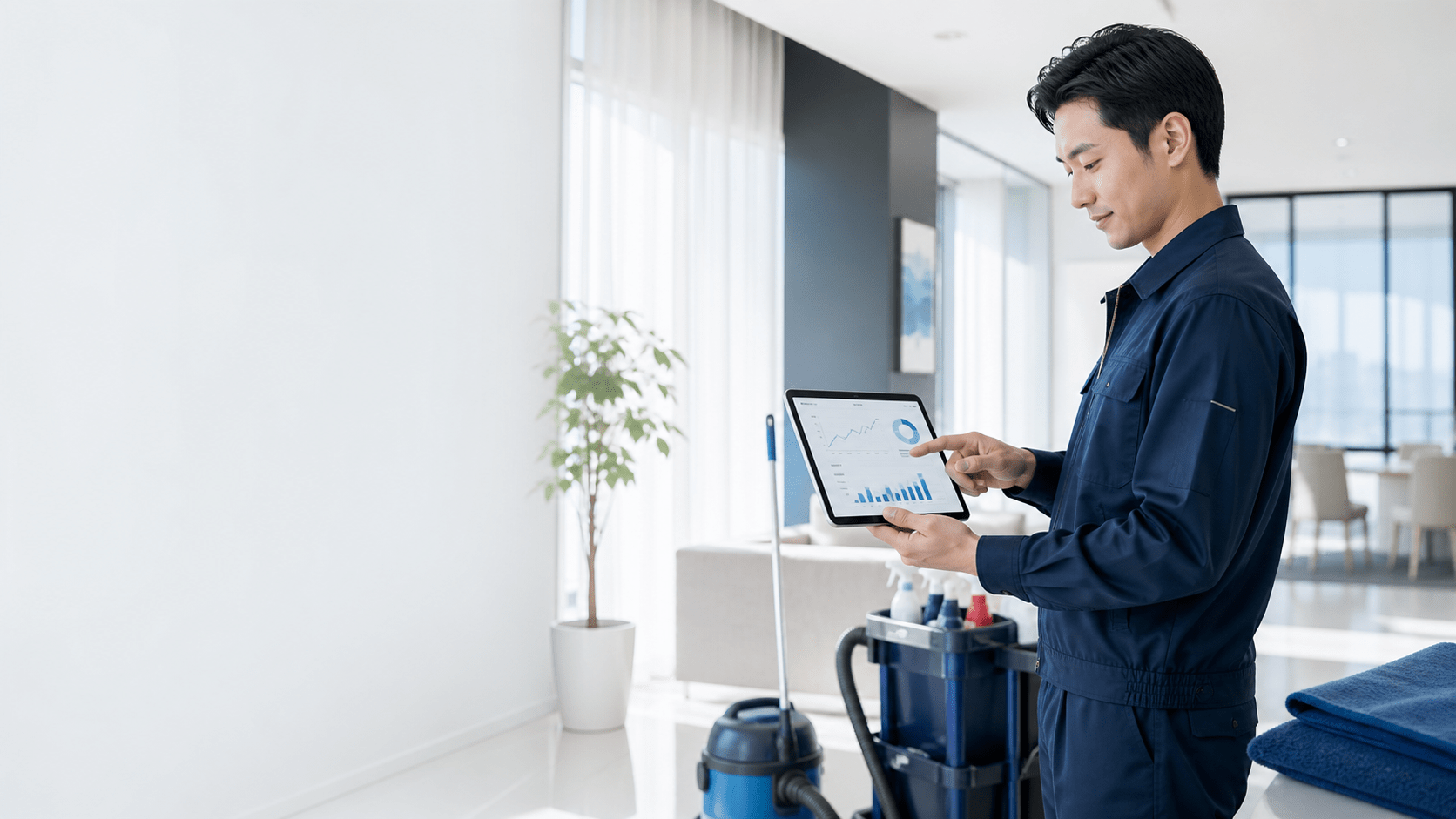 清掃会社の担当者がタブレットでSEOと予約状況を確認するイメージ