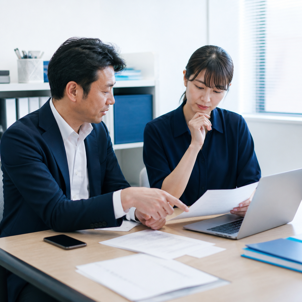 代表者と経理担当者が法人カードの導入条件を確認する場面