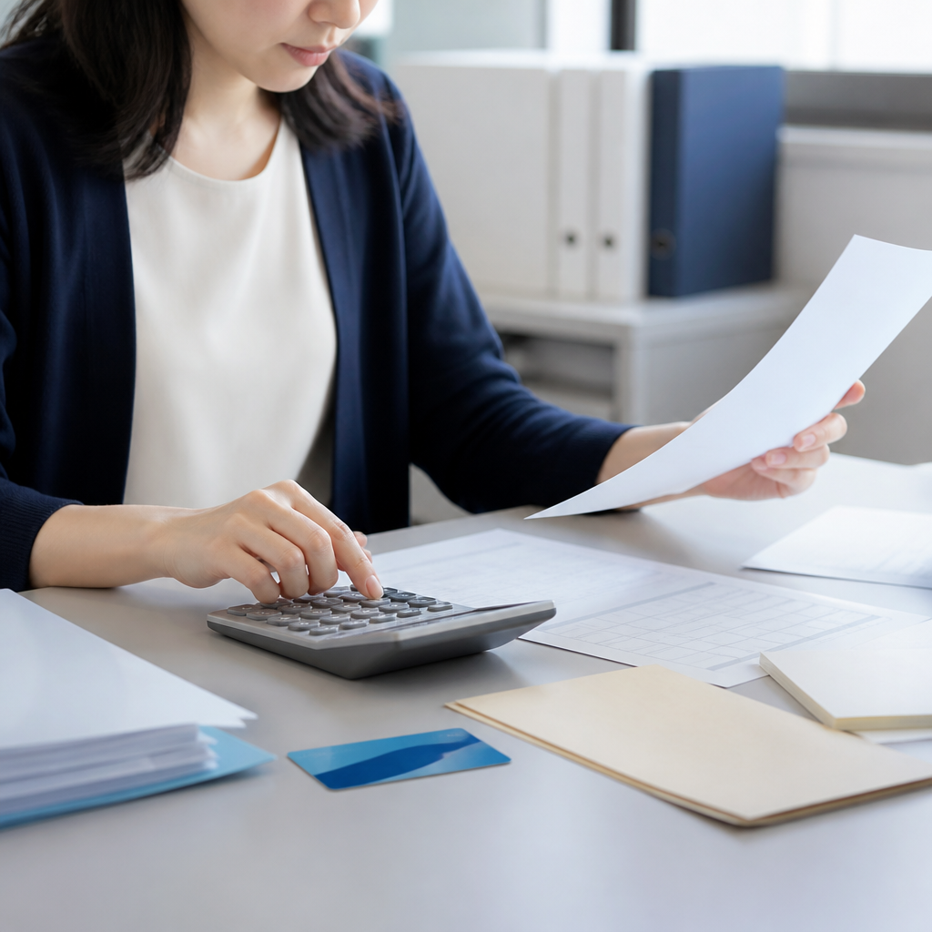 法人ETCカードの年会費と手数料を含めた総コストを確認する経理担当者