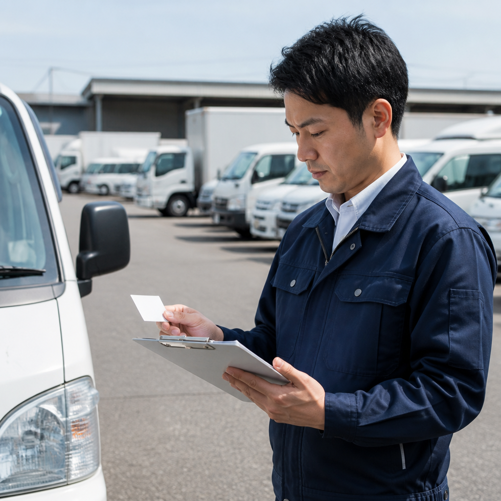 複数の社用車に合わせて給油カードの利用条件を確認する担当者