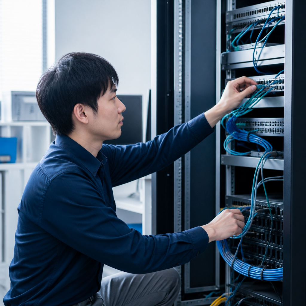 回線速度や保守条件とあわせて社内ネットワーク機器を確認する担当者
