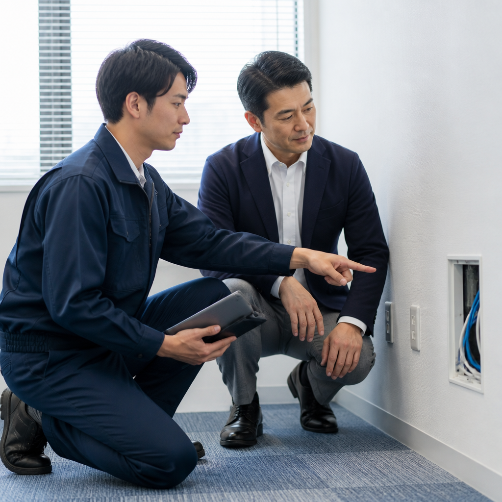 光回線の導入前に建物設備と配線経路を確認する担当者