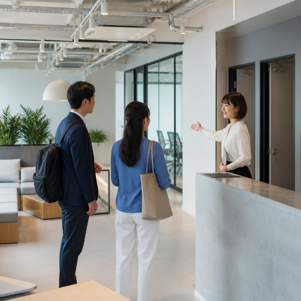 法人担当者がコワーキングスペースの会議室と共有席を内覧している様子