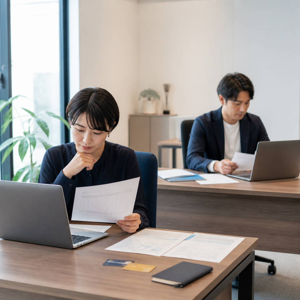 法人と個人事業主が請求書カード払いサービスの条件を比較する場面