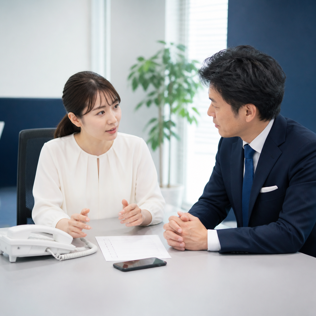 代表電話の運用要件を確認しながらクラウドPBX導入を相談する担当者