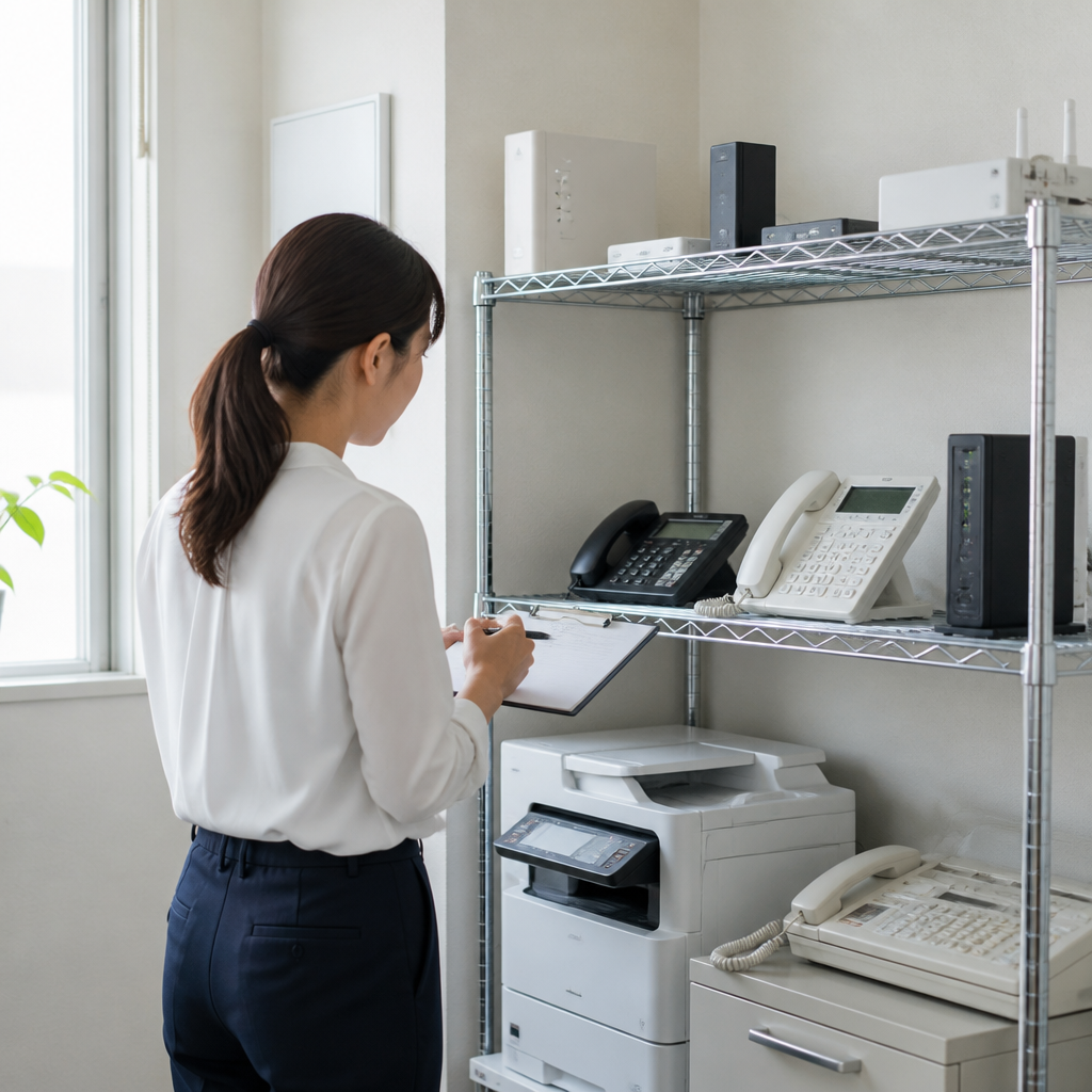 既設電話機やFAXなどクラウドPBX移行前の周辺設備を確認する場面