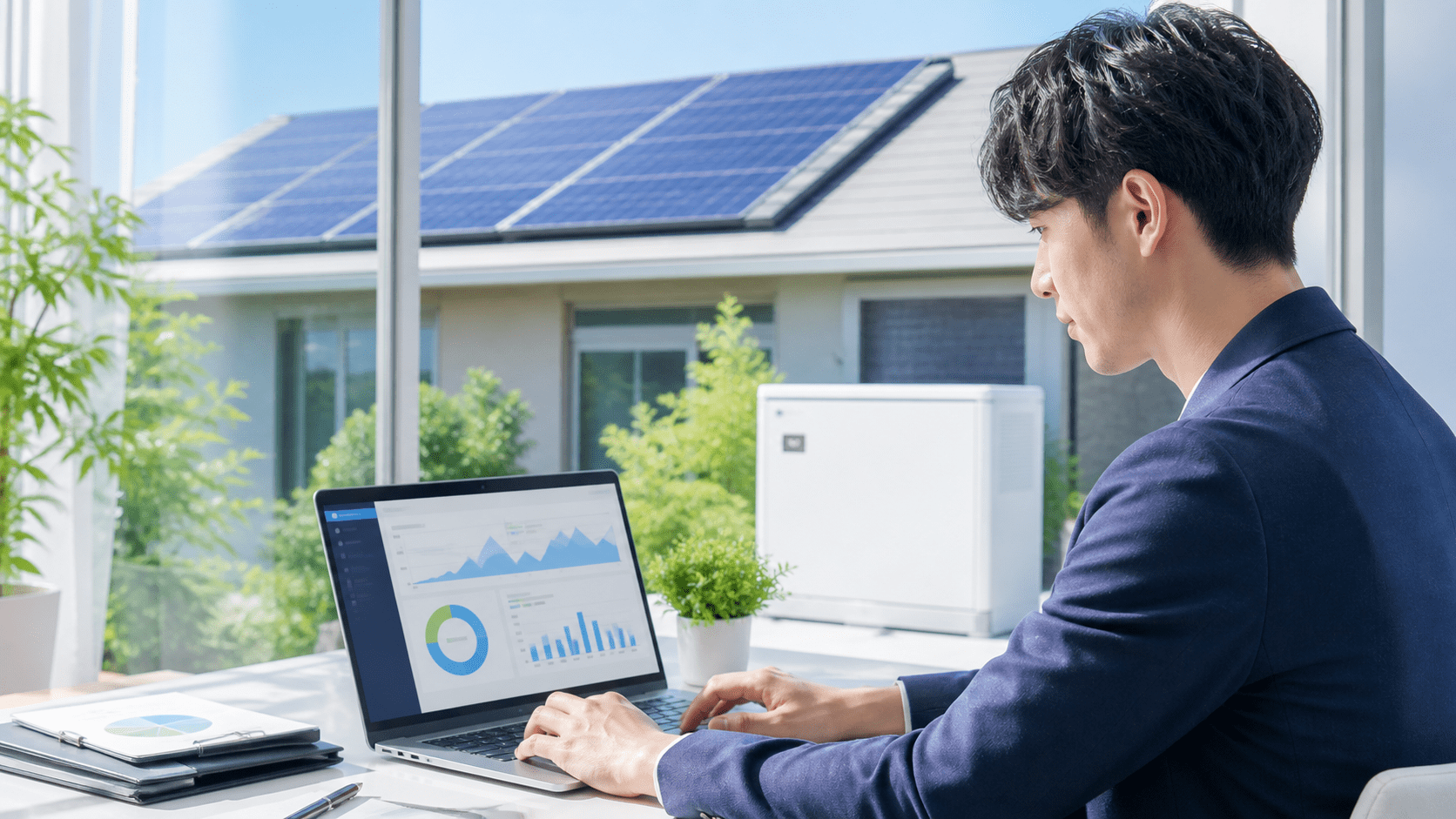 太陽光パネルと蓄電池事業の検索データを分析する担当者のイメージ