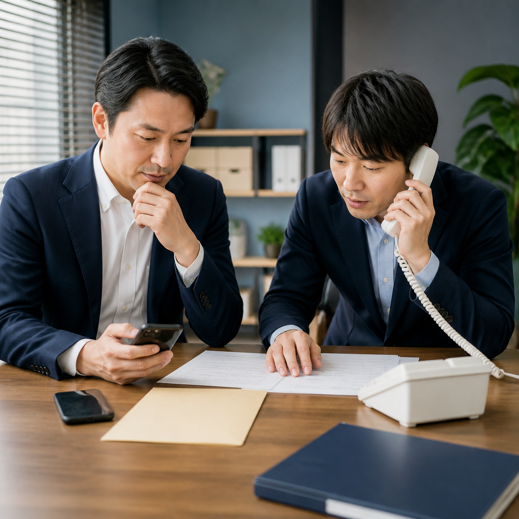 代表電話と業務用スマートフォン、郵便物の運用を相談する中小企業の担当者