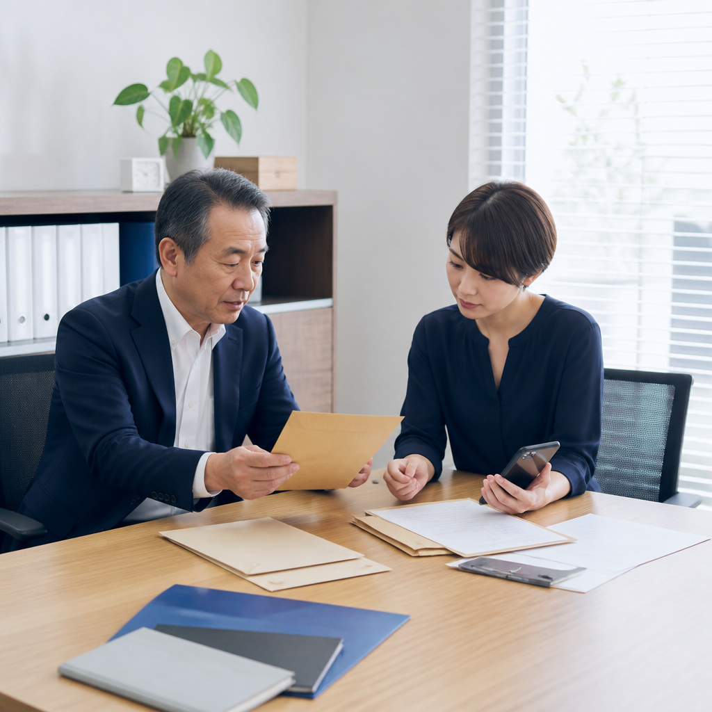 経営者と担当者が郵便物の確認期限を相談している様子