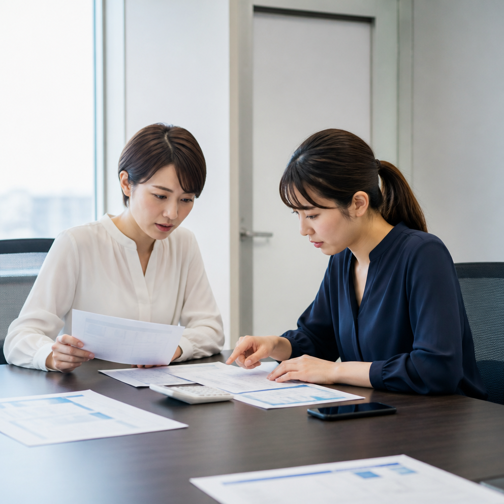初年度総額と郵便・電話の条件を比較する中小企業の担当者